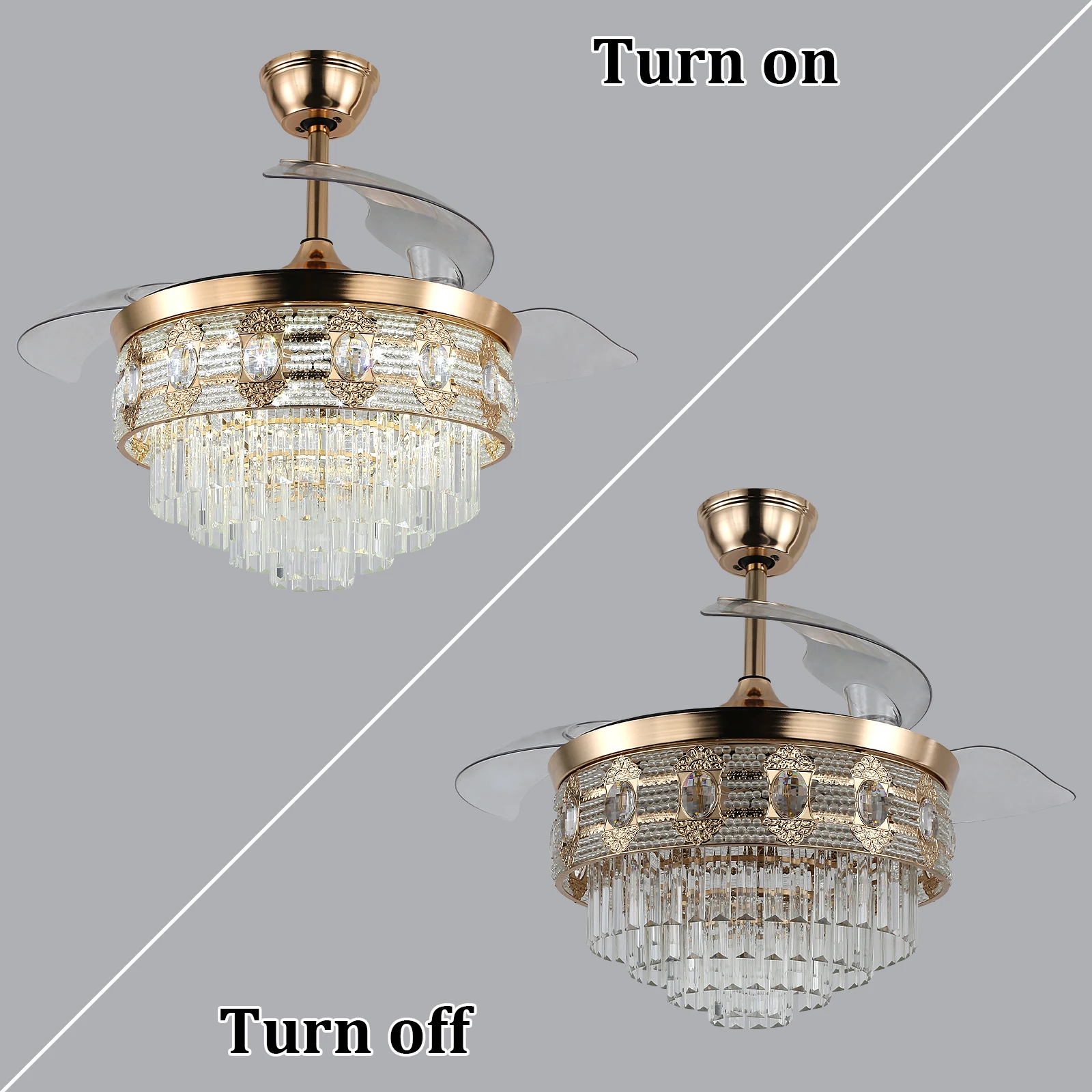 Modern Smart Ceiling Fan Chandelier Gold RC Adjustable 6 Speed Pendant Light Luminaire Bedroom 3 Heads Led Fandelier Lamp Indoor