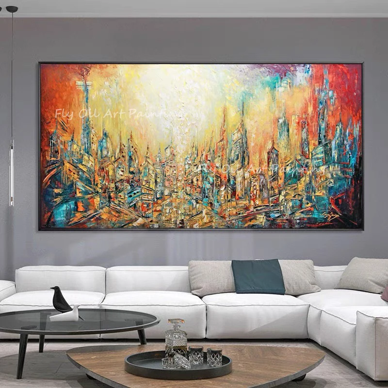 

Large sizes Handpainted Oil Painting On Canvas modren city building gold foil landscape Wall Art Living Room home Decor Pictures