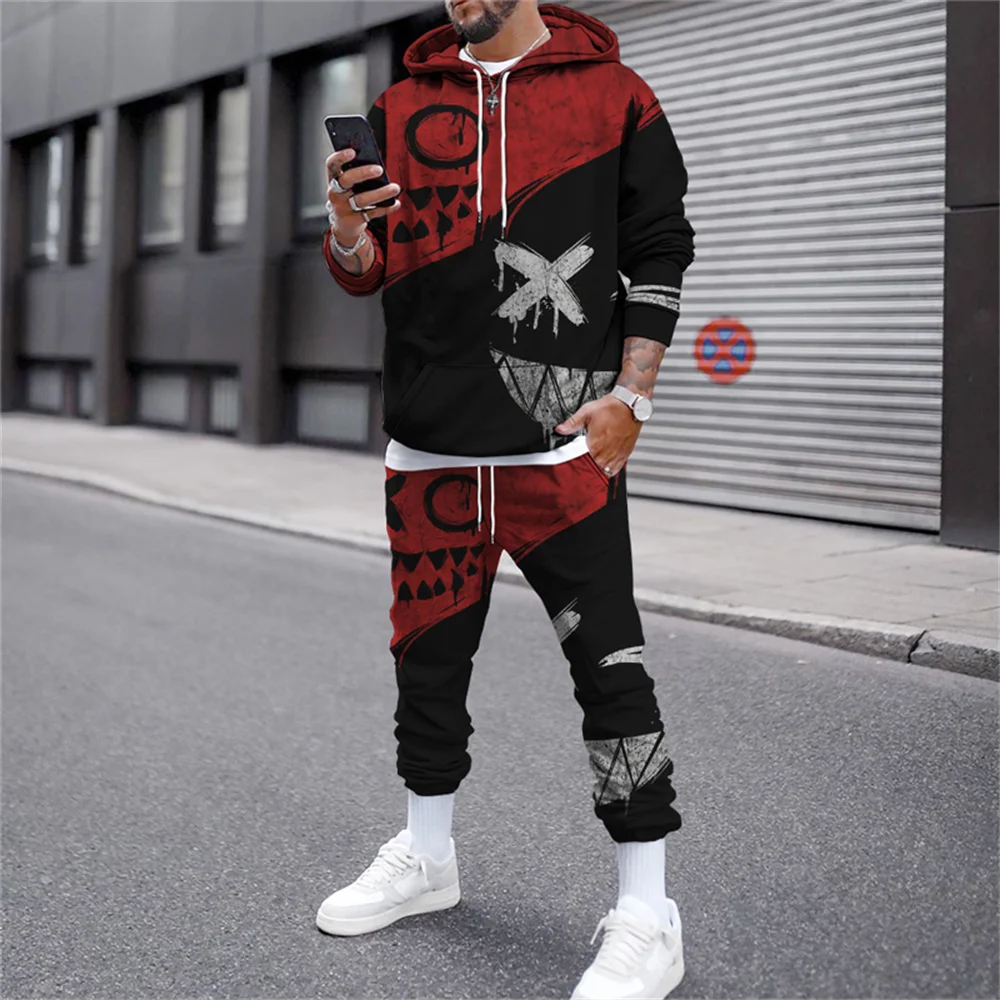 Conjunto de agasalho masculino sorriso 3d impresso hoodies ternos jogger casual sweatshirts moletom 2 peça outono inverno hip hop homem roupas