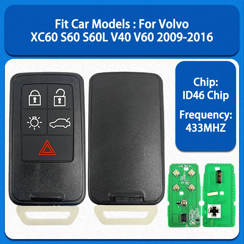 

CN050001 Aftermarket Smart Remote Control Key 5 Buttons 433MHZ ID46 Chip Keyless Go For Volvo XC60 S60 S60L V40 V60 2009-2016