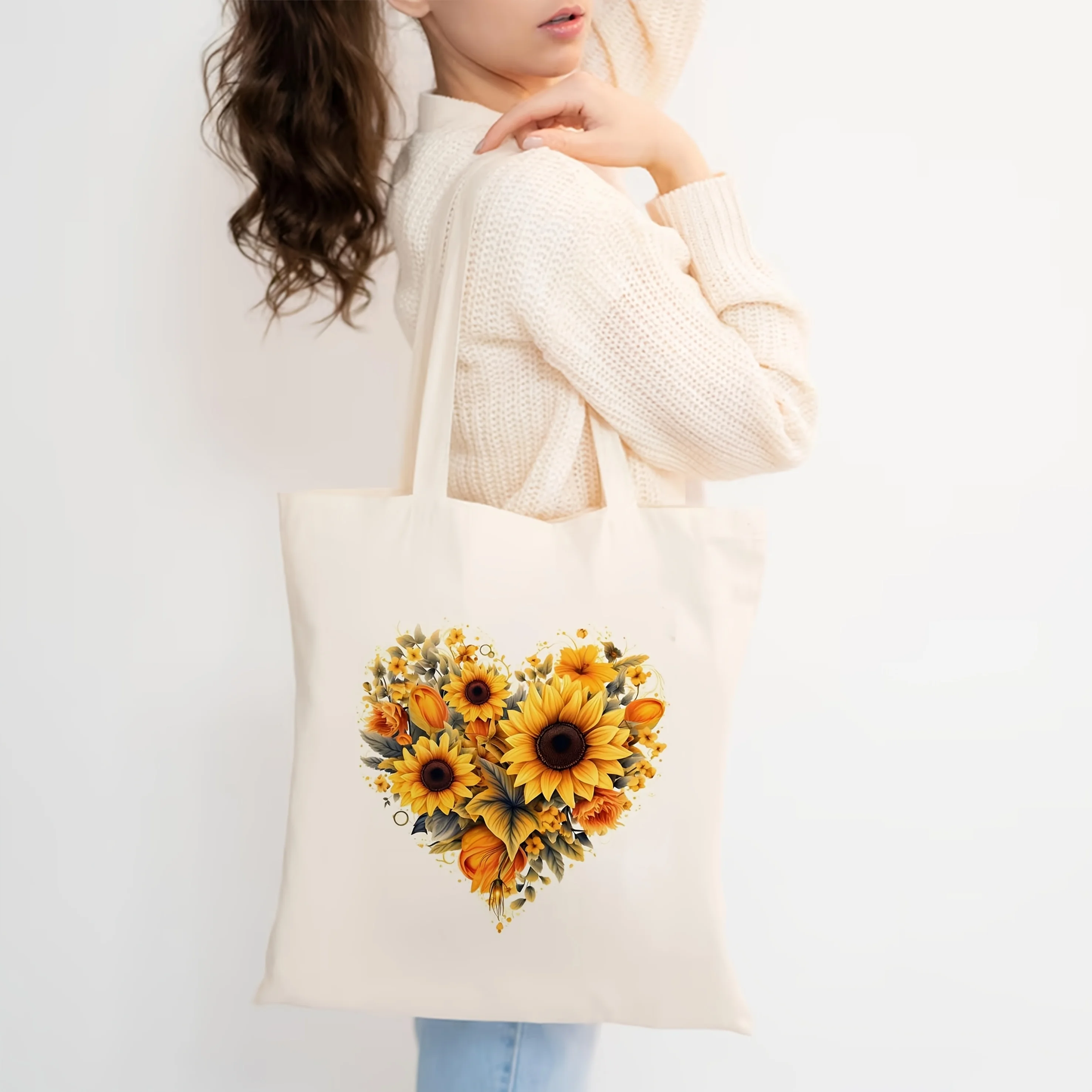 A Elegant Sunflower Heart Pattern Print Canvas Tote Bag, Suitable For Daily Use, Shopping, School, And Travel