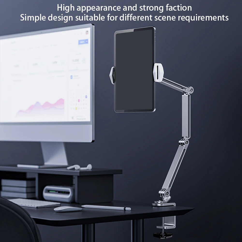 Portable Phone Stand 360° Rotating Tablet Clip Holder Mount Aluminum Alloy Foldable Arm Holder for 4-12.9 Inch Phones Tablets