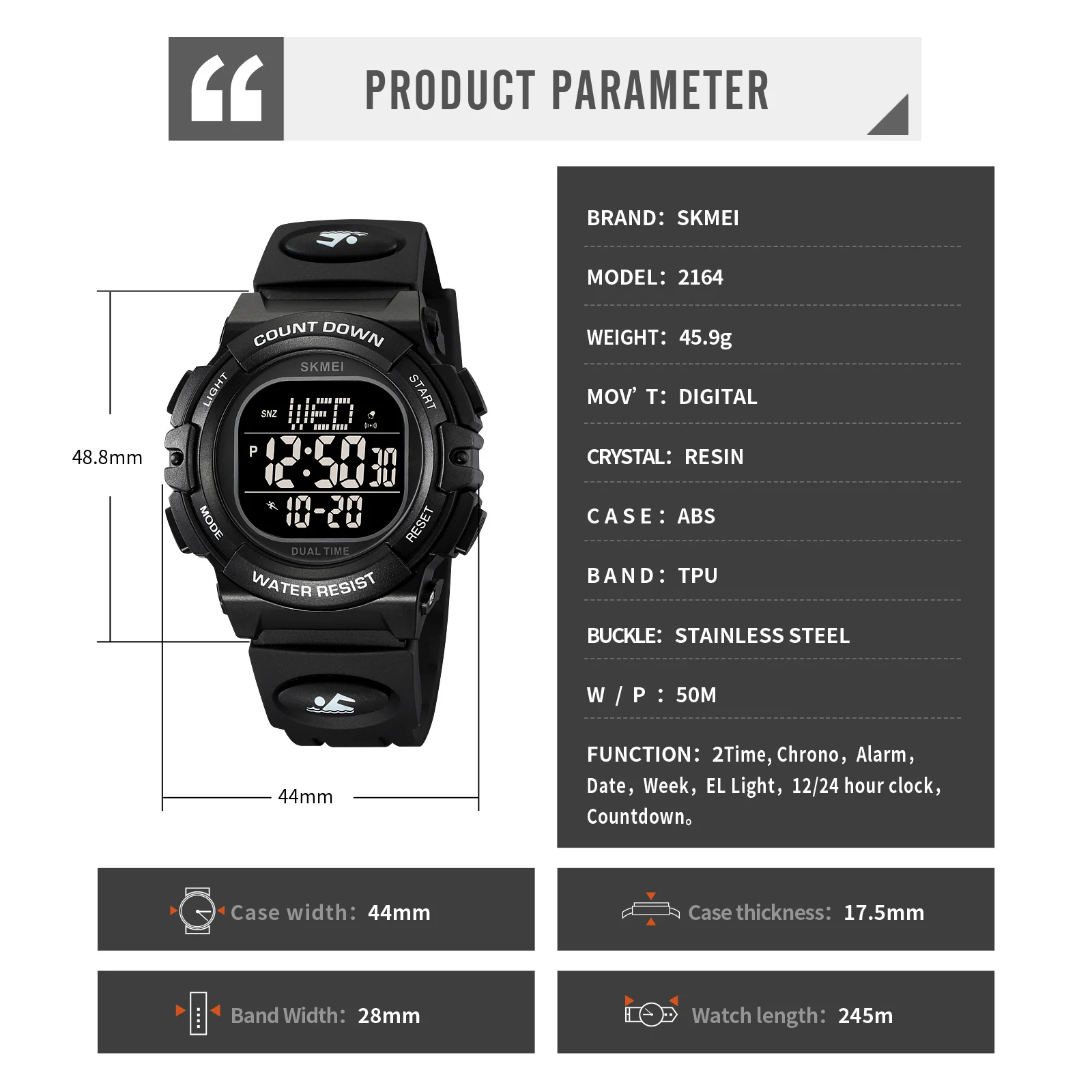 SKMEI Fashion Digital Countdown Sport Men Watches Casual Waterproof Calendar Stopwatch Back Light Display Alarm Wristwatch Clock