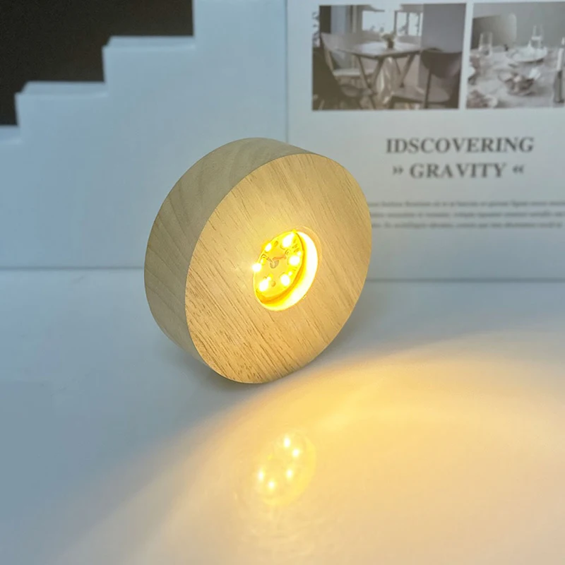 3D Crystal Glass Resin Balls Wooden Display Stand Holder Round 8cm 10cm Warm Cold Light Led Base Operated by AAA Batteries