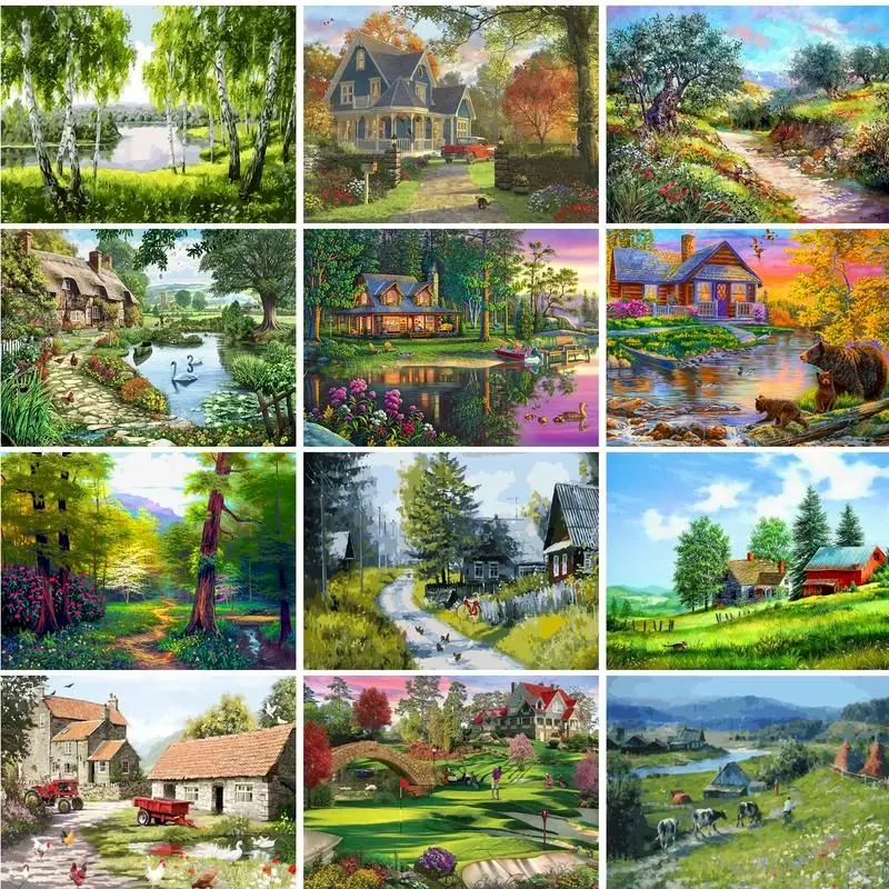 

PhotoCustom Oil Painting By Numbers DIY Gifts Handpainted Lake Forest Landscape Coloring By Numbers Home Decors Gift Paint Kit F