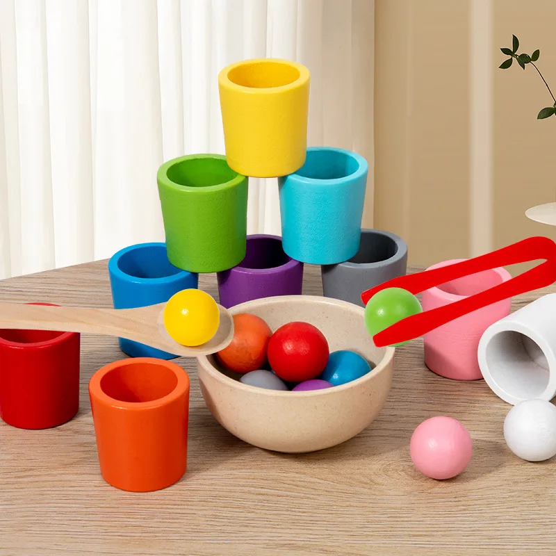 Balls in Cups Montessori Wooden Color Sorter Game Toys Preschool Learning Education Toy for Toddler Sorting Matching Counting