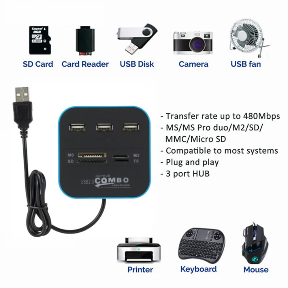 PzzPss USB Hub 2.0 3 Ports TF Micro SD Card Reader Slot USB Combo Multi All In One USB Splitter Cables For Laptop Macbook