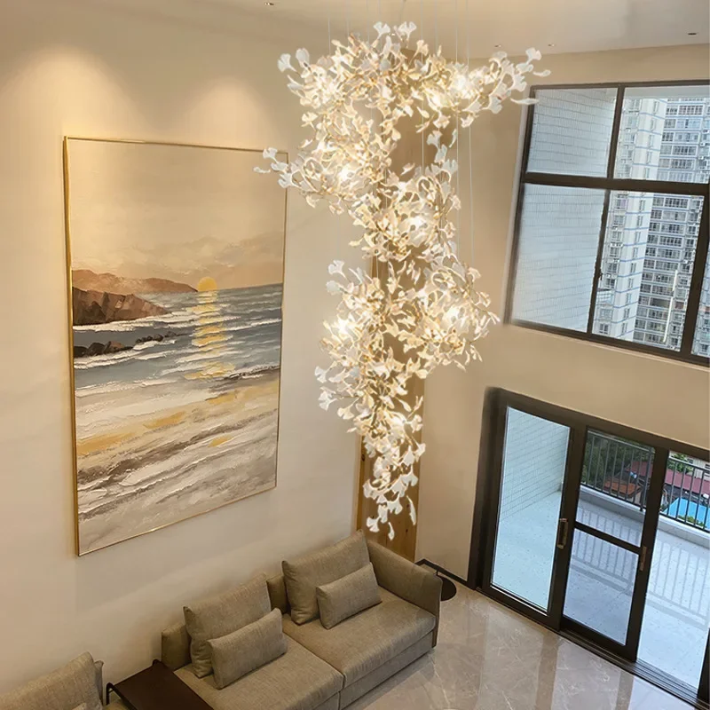 Living room lamp Villa duplex loft large chandelier Light luxury hall lamp Empty hotel lobby lamp Ceramic ginkgo biloba