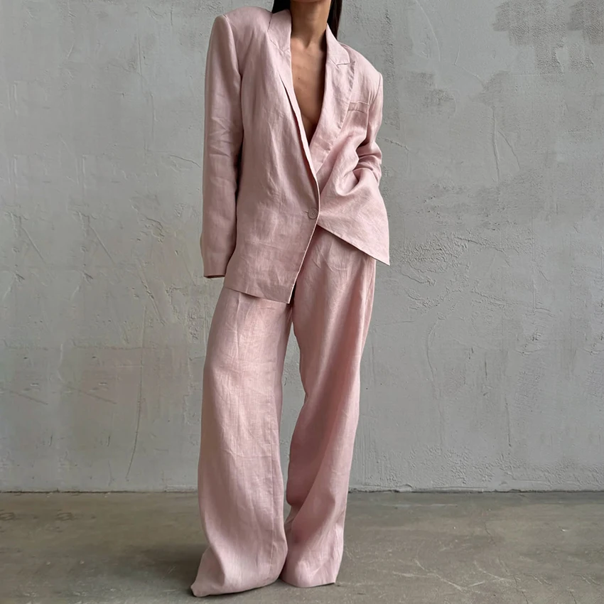 Linad Office Pink Plunging Neckline Long Sleeve Tops Suit Pure Cotton Pants Outfits Elegant Pockets Lace-Up Loose 2 Piece Sets