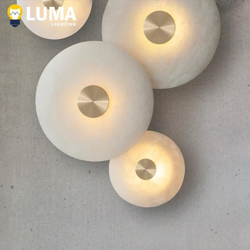 الفاخرة الإسبانية المرمر وحدة إضاءة LED جداريّة ضوء الصلبة النحاس الشمعدان المستديرة لغرفة المعيشة التلفزيون خلفية الحمام غرفة نوم السرير ديكور
