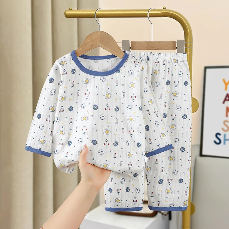 Sous-vêtements d'été en coton pour enfants, ensemble de vêtements de maison pour garçons et filles, pyjama à manches trois quarts, climatisation fine