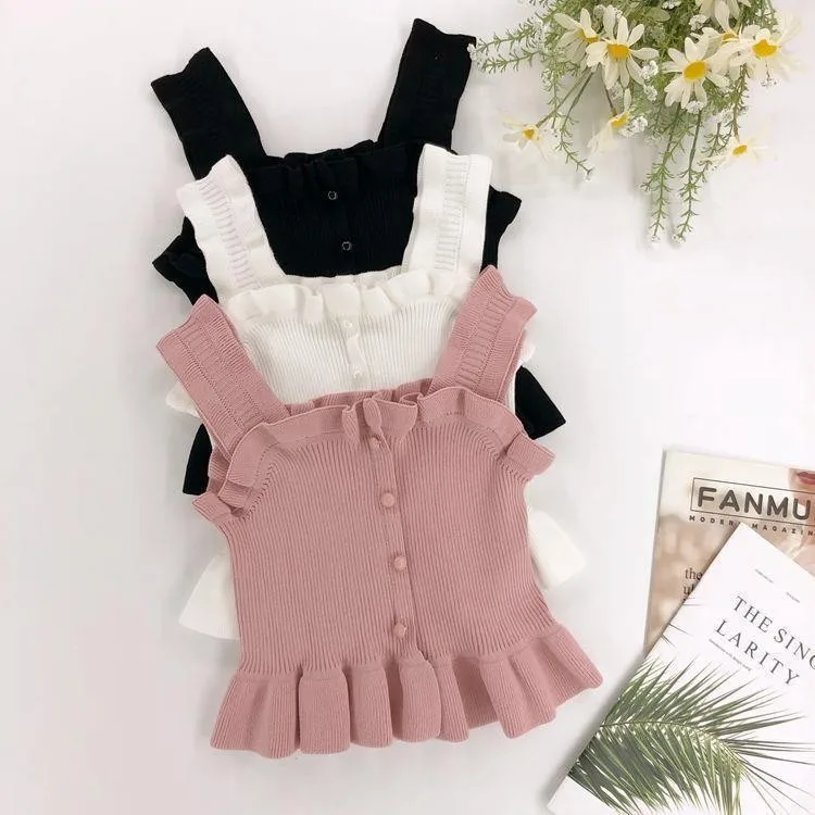 Vest Girl Lotus Leaf Edge Camisole Summer New Advanced Sense Knitting Sleeveless Tops Simple 2024 Fashion Childrens Clothing