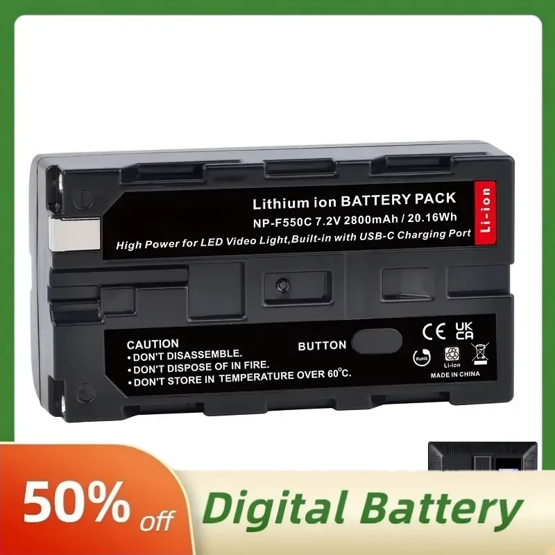 NP-F550C NP-F550 F570 Battery 7.2V 2800mAh with USB-C Fast Charge Port for Godox LED Video Light LED Light Panels Video