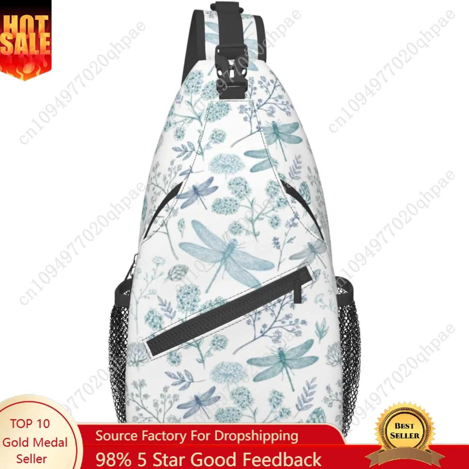 

Dragonfly Sling Bag Crossbody Backpack Elegant Seamless Pattern with Blue Dragonfly Silhouettes Leaves Gym Travel Hiking Daypack