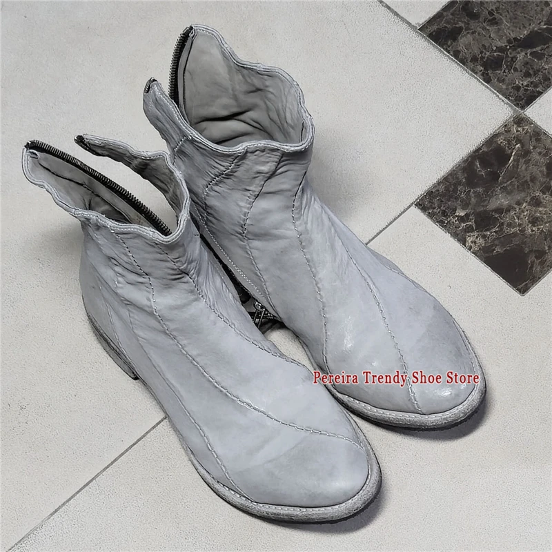 Trendy Stitched Patchwork Knight Boots Retro Leather Square Toe Thick Heel Zipper Chelsea Boots Fashion Handmade Men's Shoes