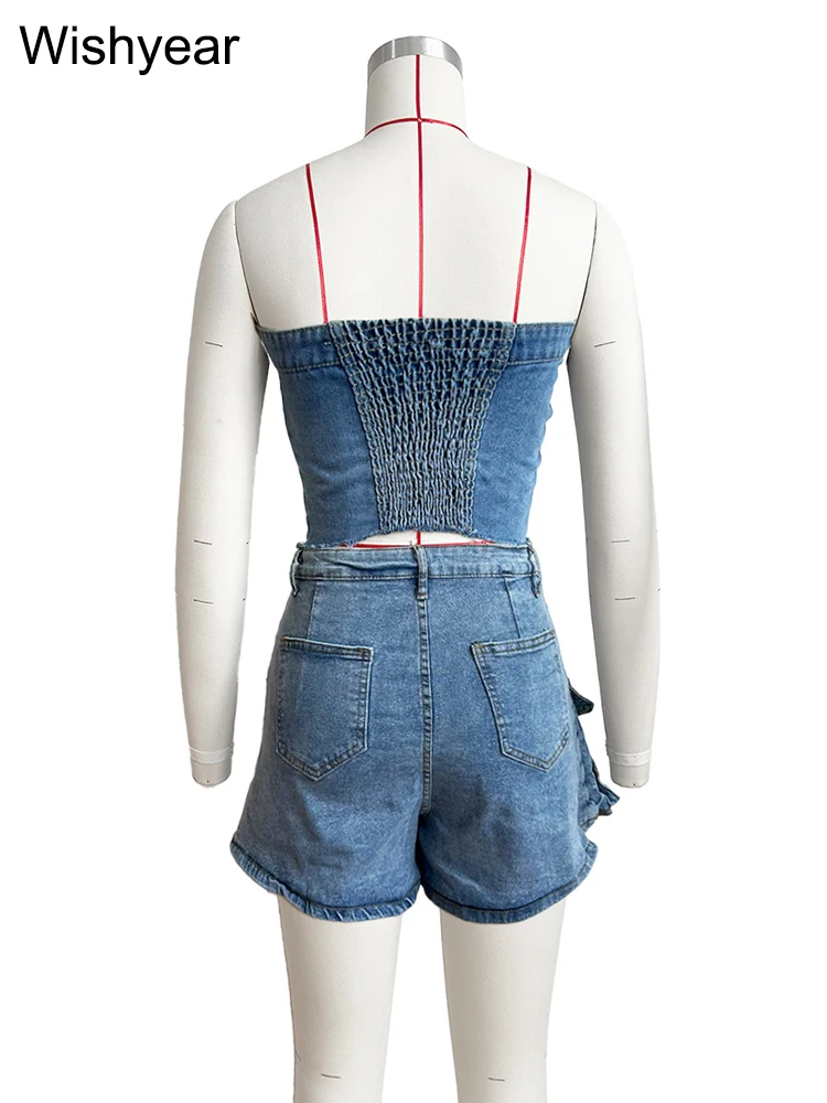 Fashion Pocket Irregular Shorts and Tube Tops 2 Two Piece Sets Denim Stretch Women Summer Birthday Club Outfit Female Streetwear