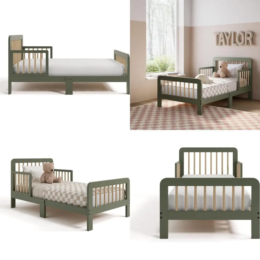 

Olive & Driftwood Toddler Bed - GREENGUARD Gold, Solid Wood, Includes Mattress & Rails, Full Design with Board & Outboard