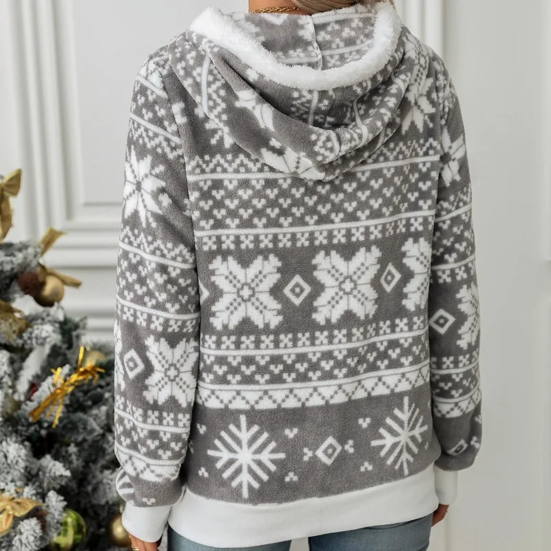 

2024 Autumn Winter Glitter Fashion New Design Hooded Cardigan Christmas Style Printed Plush Coat