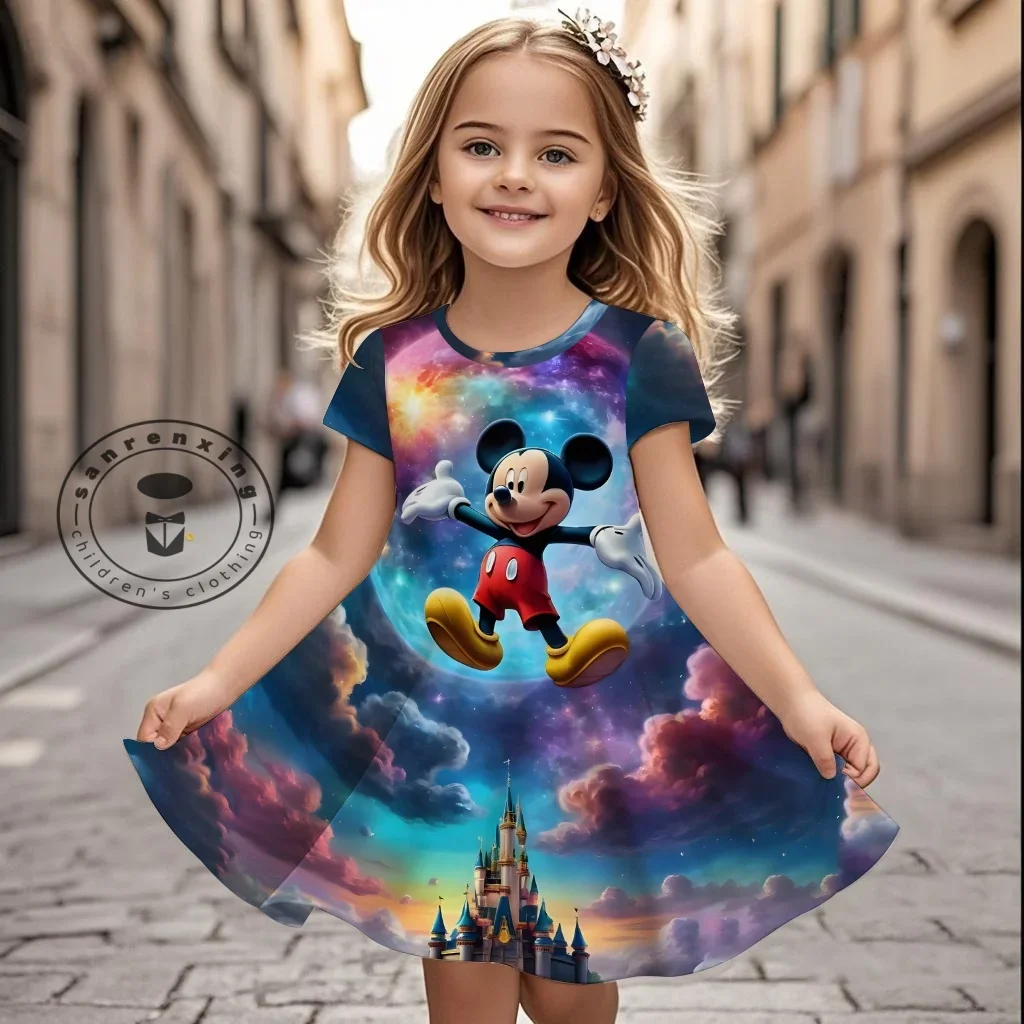 

Potdemiel Summer Girls Mickey Mouse Cartoon Printed Dress Fashion Trend Dress Kids Daily Casual Stylish Short Sleeve Home Dress