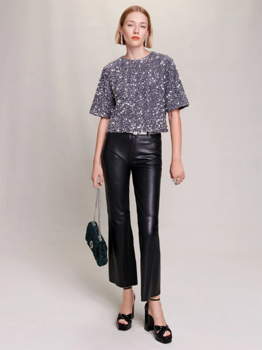 

Женский топ MaSandeM Faion с пайетками, яркий, из полиэстера, с круглым вырезом, для осени