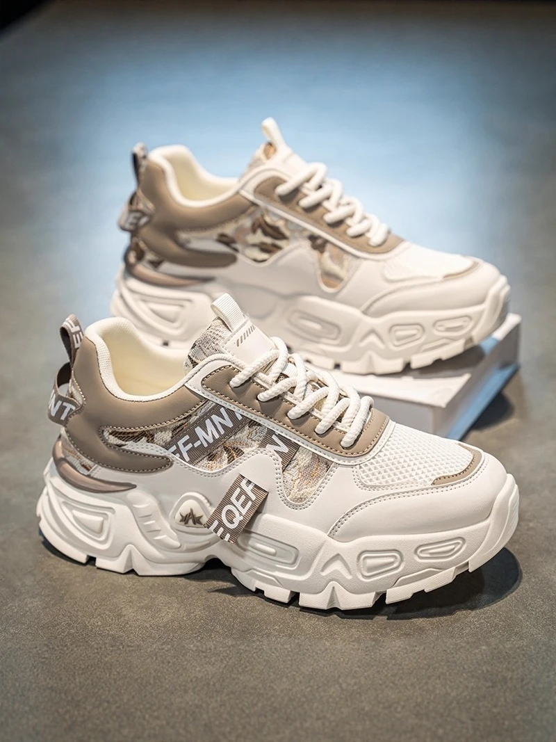 Men's Sporty Casual Dad Shoes with  Technology Thick Bottom Heightening Net Surface All-Match Trendy White Sneakers