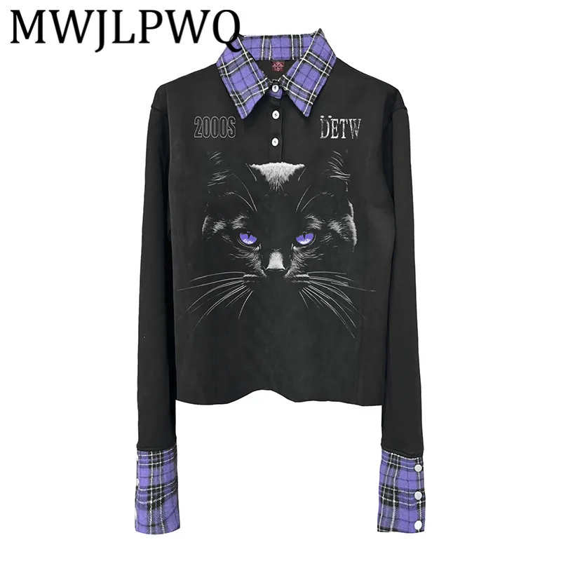 

MWJLPWQ Niche Printed Color-Block Plaid Design Male Shirt High Street Lapel Button Niched Tide Autumn Long Sleeve Unisex 11776