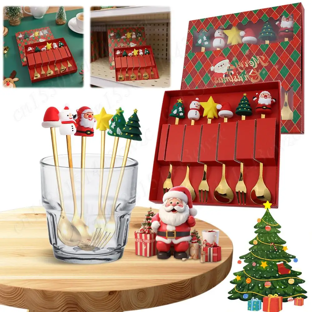 

Рождественская посуда из нержавеющей стали, подарочная коробка, многоцелевой рождественский набор ложек и вилок из 6 предметов, износостойкий креативный рождественский набор посуды