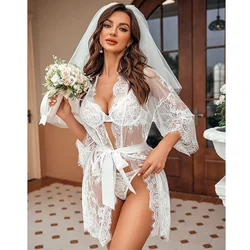 Babydolls Kimono de malla de encaje Sexy para mujer, lencería transparente de talla grande, ropa de dormir, vestido de novia, pijama caliente