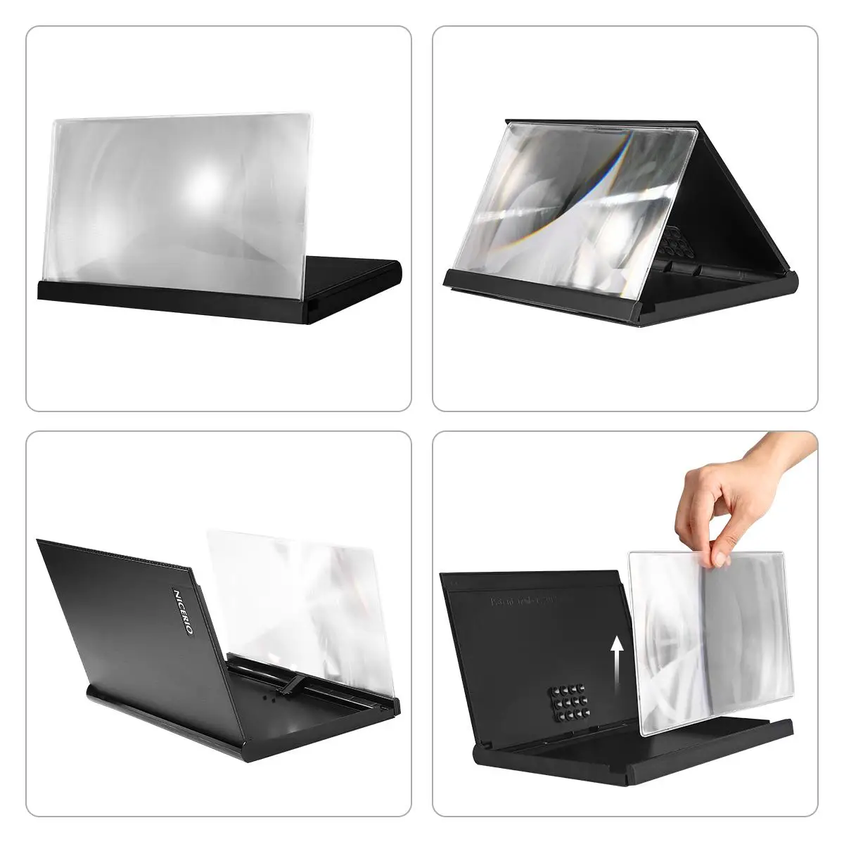 NICERIO 3D ユニバーサルスクリーン拡大鏡スマート携帯電話アンプ、映画鑑賞用の折りたたみ式ホルダースタンド付き (ブラック)