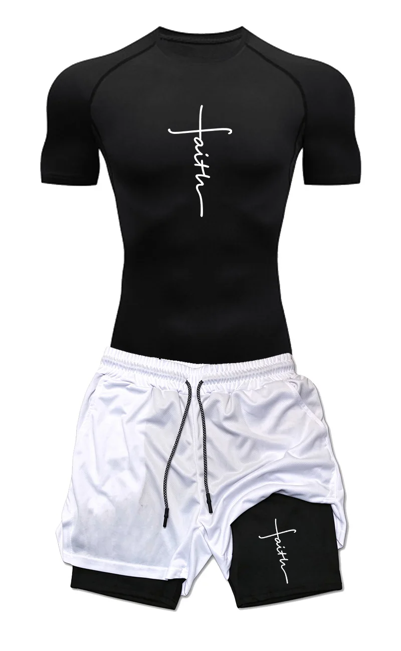 Men Quick Dry 2 Piece Workout Set, Graphic Print Compression Tee and 2-in-1 Shorts for Outdoor Sports and Fitness