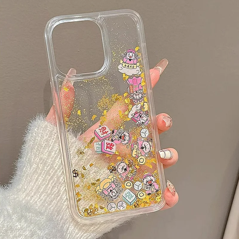 

INS Chinese New Year God of Wealth Print Quicksand Transparent Phone Case For iPhone 16 15 14 13 12 Pro Max Protective Cover