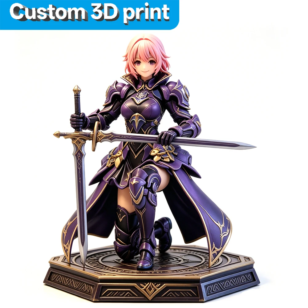 Custom 3D Printing Services: Purple Gold Armor Female Knight 3D-Printed Anime Figure Model – Rapid Prototyping