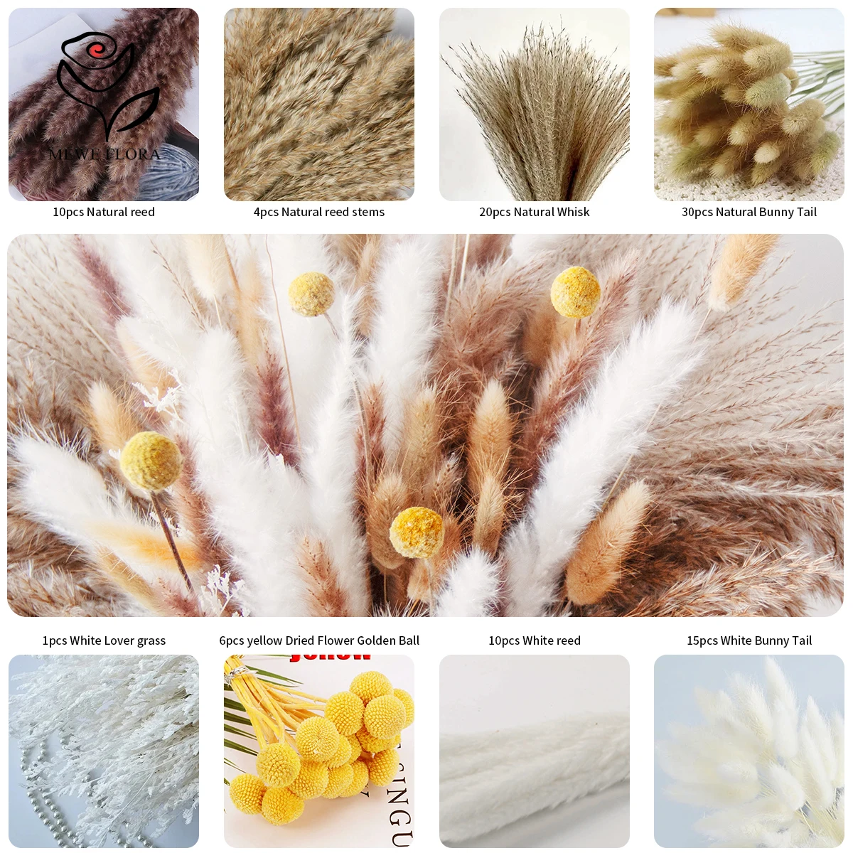 96pcs Pampas Dried Flowers Bunny Tails Grass Bouquet Wedding Party Decor Artificial Flower Reeds Pampa Boho Home Vase Decoration