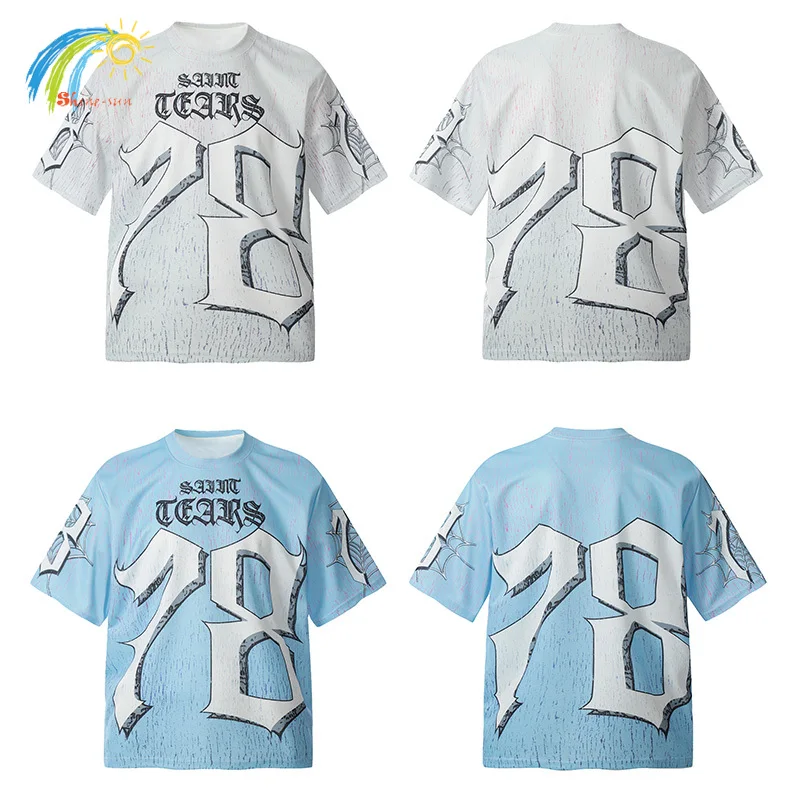 White Light Blue Crack Digital Printing SAINT Vintage T-Shirt Men Women Breathable Quick Drying Mesh T Shirt Oversized Tee Tops