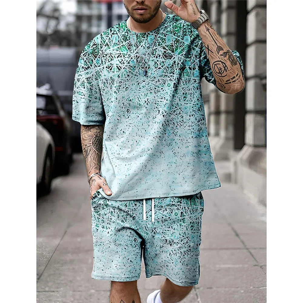 Summer Fashion Retro Print Men's T-Shirt Set O-Neck Short-Sleeved Top And Shorts Everyday Street Commuter Casual Wear For Men