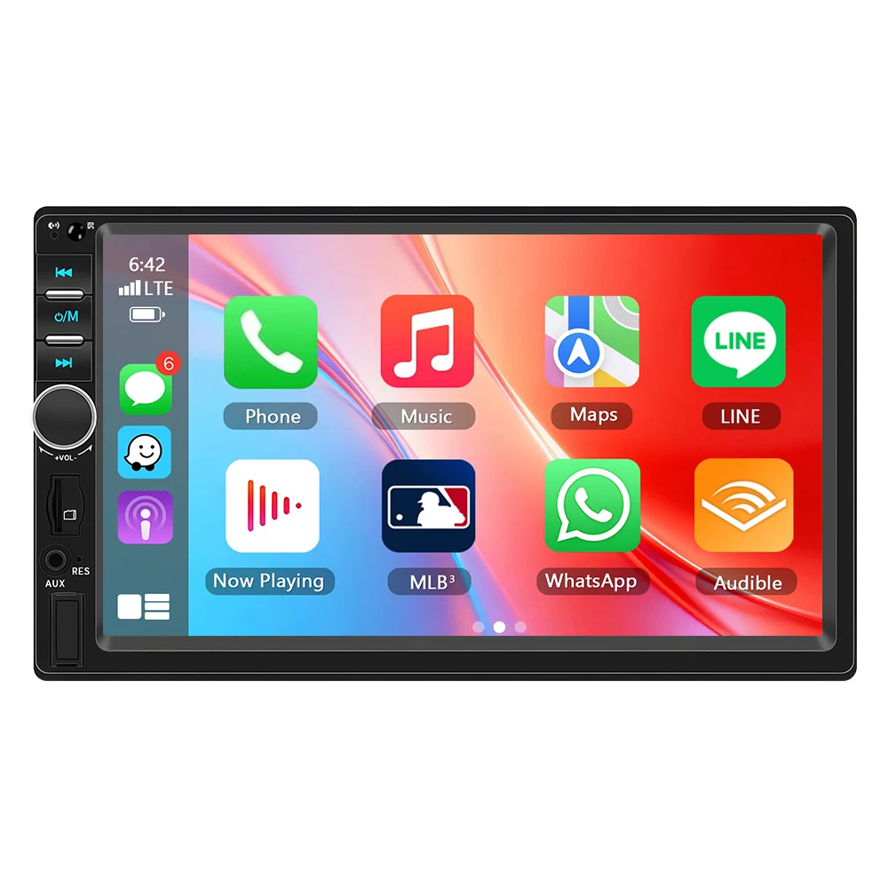 Podofo 7-calowe radio samochodowe 2Din z dotykowym ekranem, przewodowym CarPlay, Android Auto, Bluetooth, odbiornikiem FM, obsługą systemu cofania z kamerą, AUX, USB, sterowaniem z kierownicy, — 2