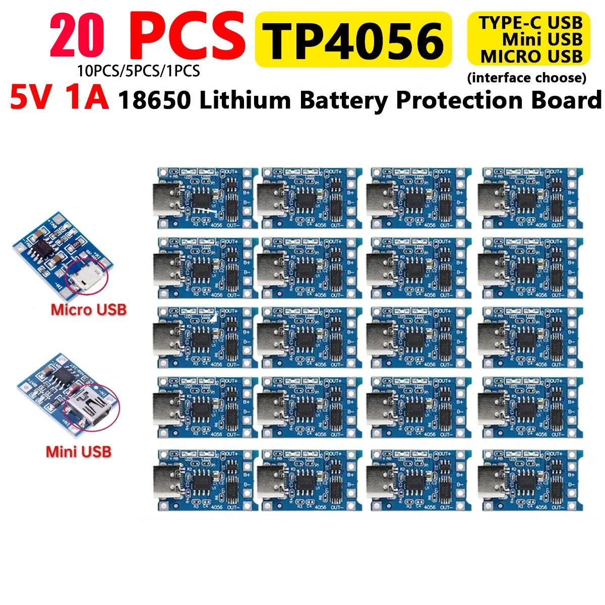 20Pcs TP4056 5V 1A 18650 Lithium Battery Controlling Protection Board Type-C/Mini/Micro USB Charging Module Charging Board