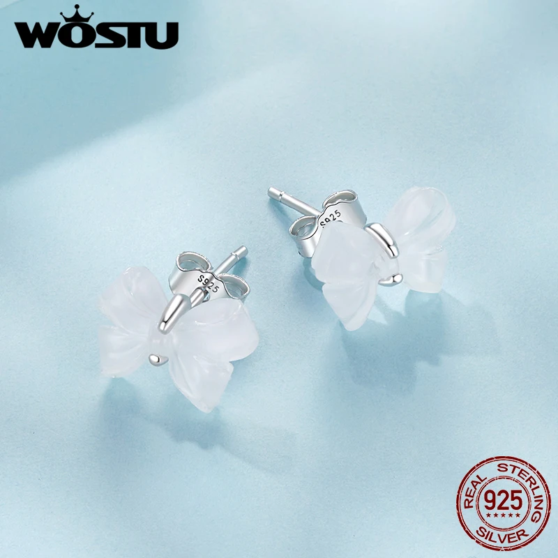 WOSTU 925 Sterling Silver Bowknot Stud Earrings With Resin Fashion Earrings For Women Fine Jewelry Party Dating Daily Gift