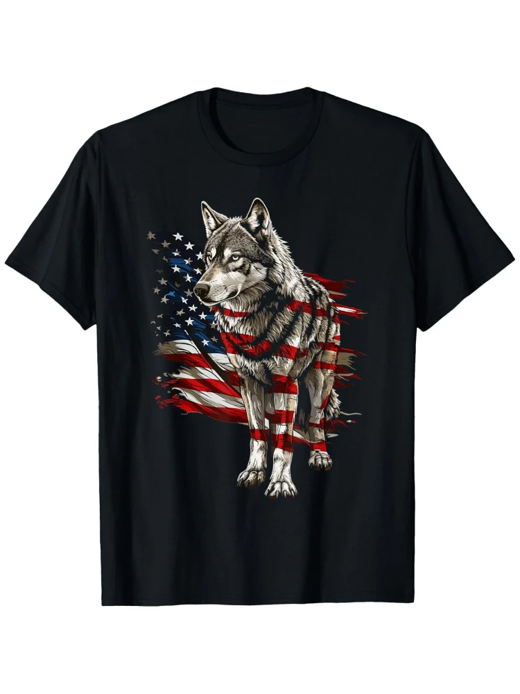 

Wolf Outfit Patriotic Wolves 4th Of July USA American Flag pattern design-100% cotton O-neck short sleeve printed men's T-shirt.