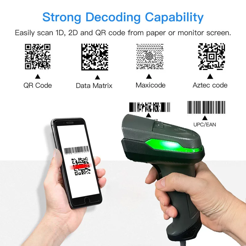 2D QR Barcode Scanner Wired with Stand, Handheld USB Bar Codes Reader Data Matrix CMOS Image Automatic Scanner