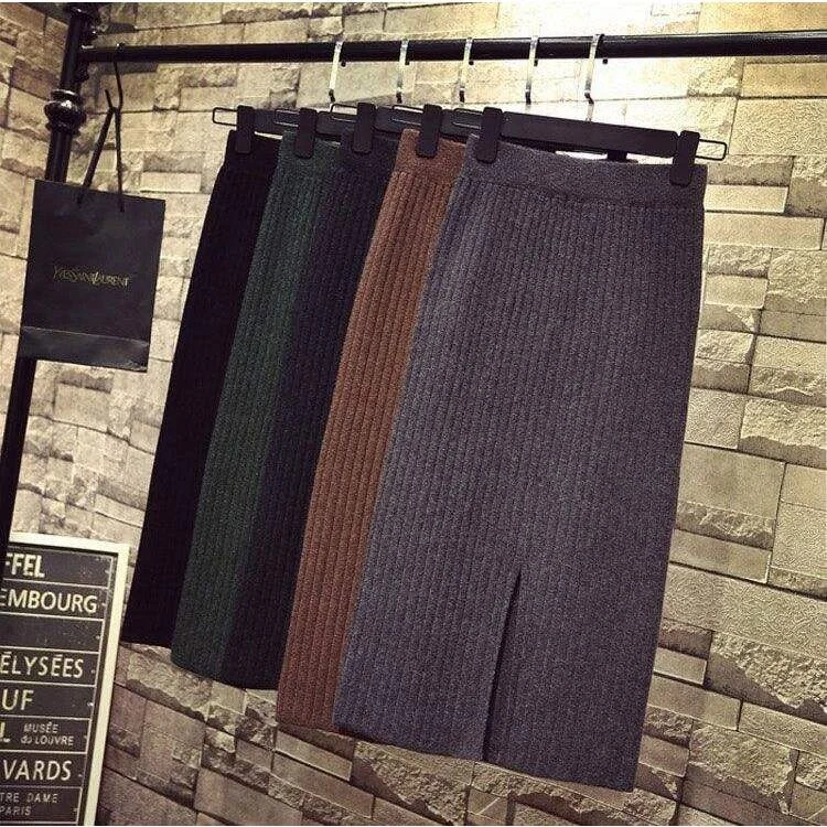

High Waist Knitted Skirt Women's Autumn Winter New Style One Step Wrap around Long Skirt with Slit Fashionable Citywalk