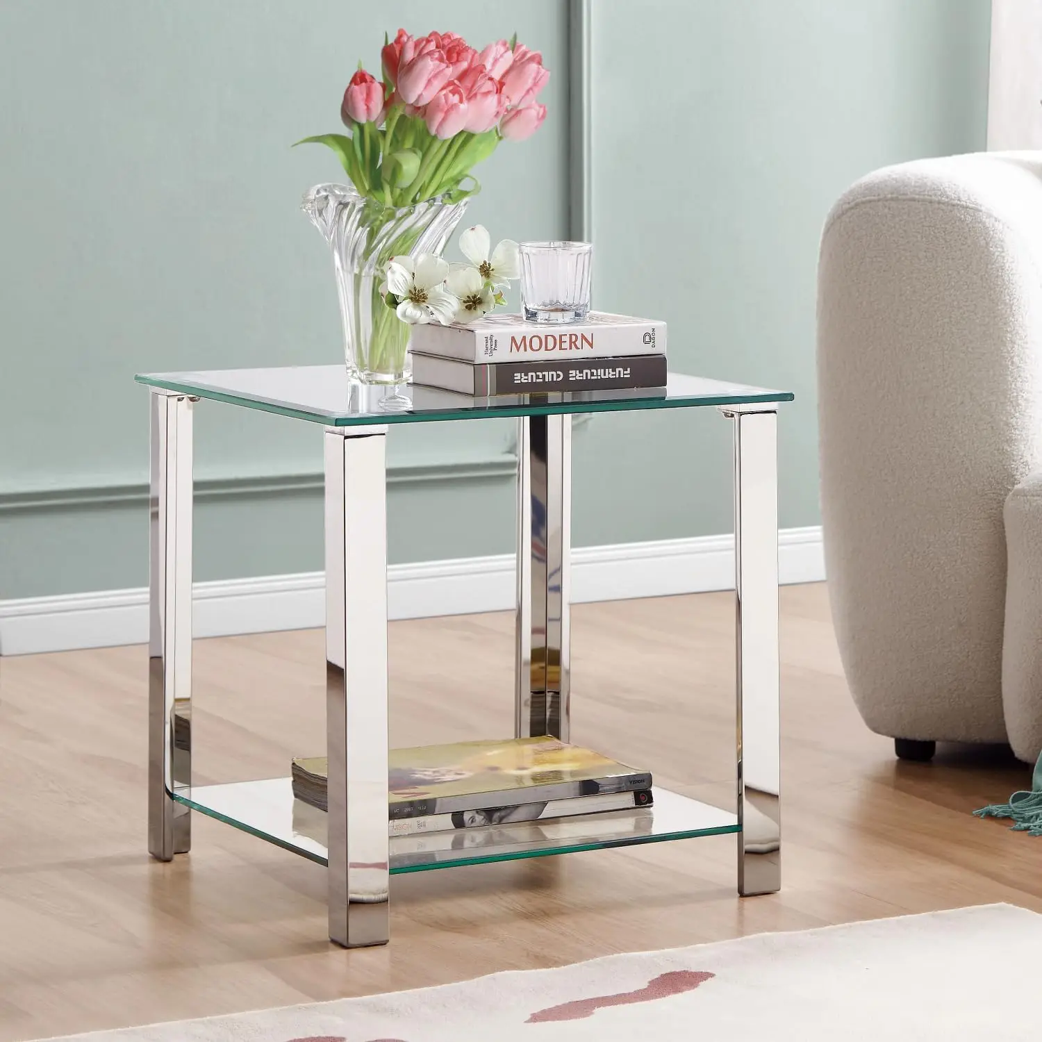 Glass End Table,Side Table With 2-Tier Storage,Coffee Table With Stainless Steel Frame,Living Room Table Modern Style For