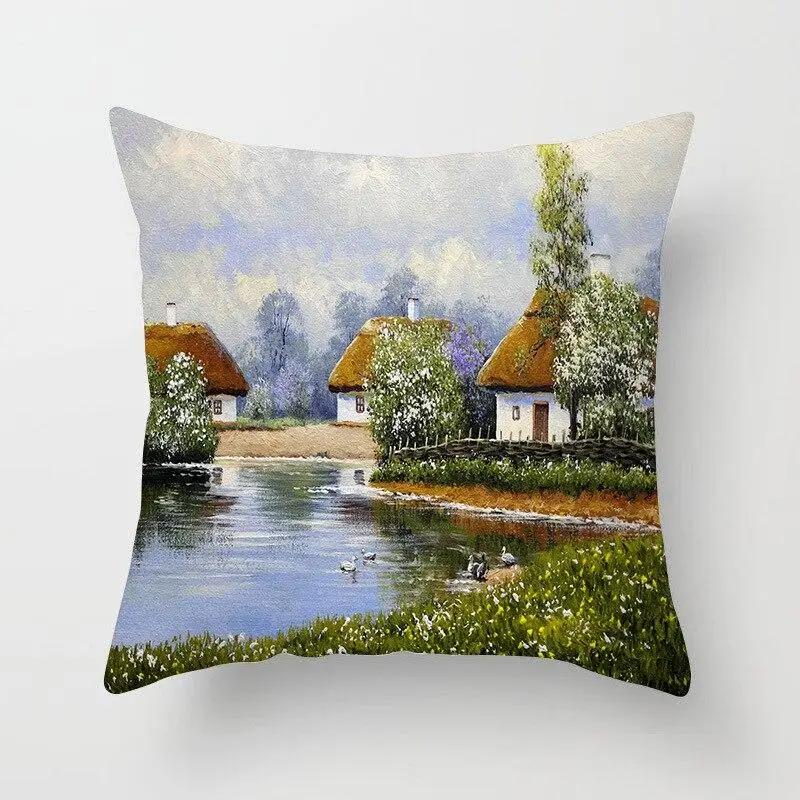 Retro Sofa Chair Home Decoration Oil Painting Pillowcase Pastoral Scenery Flower and Bird Cushion Cover Living Room Ornament