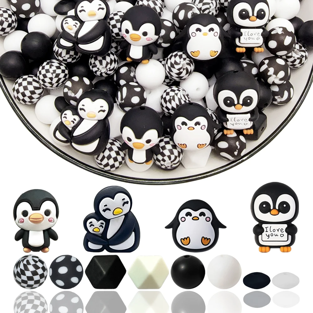25/32/58Pcs Cute Penguin Silicone Beads Set DIY Keychain Necklace Bracelet Decoration Pen Jewelry Pendant Etc. Holiday Birthday Gift