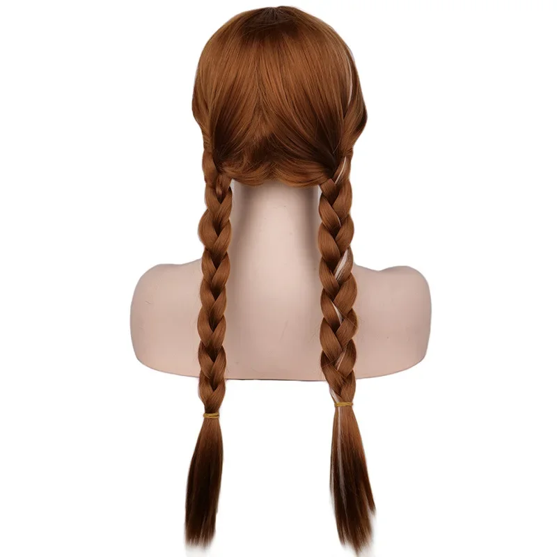 QQXCAIW Parrucca cosplay lunga da donna marrone principessa treccia Anna Costume da festa per ragazze Parrucche sintetiche per capelli in fibra ad alta temperatura