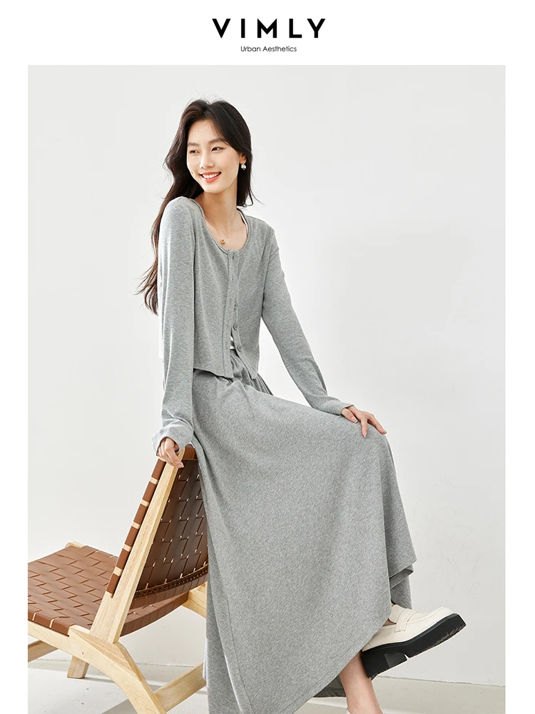 Vimly Spring Casual New in Matching Sets 2024 New O-neck Cardigan Tank Top A-line Maxi Skirt Three-piece Suit for Women M5389