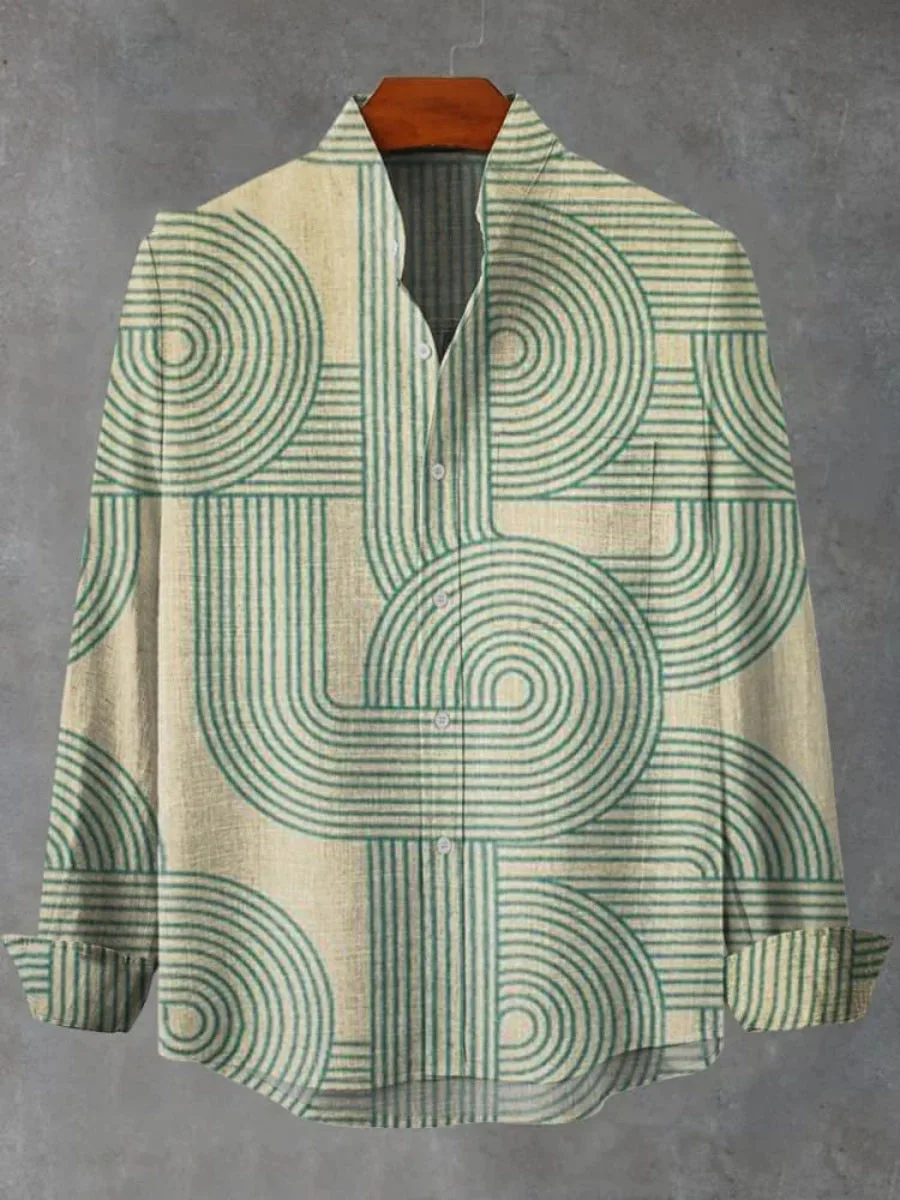 Moslim Kleding Heren Autumn Men's Stand-up Collar Linen Long-sleeved Shirt 3D Art Printed Simple Pattern Top Mens Casual Shirt