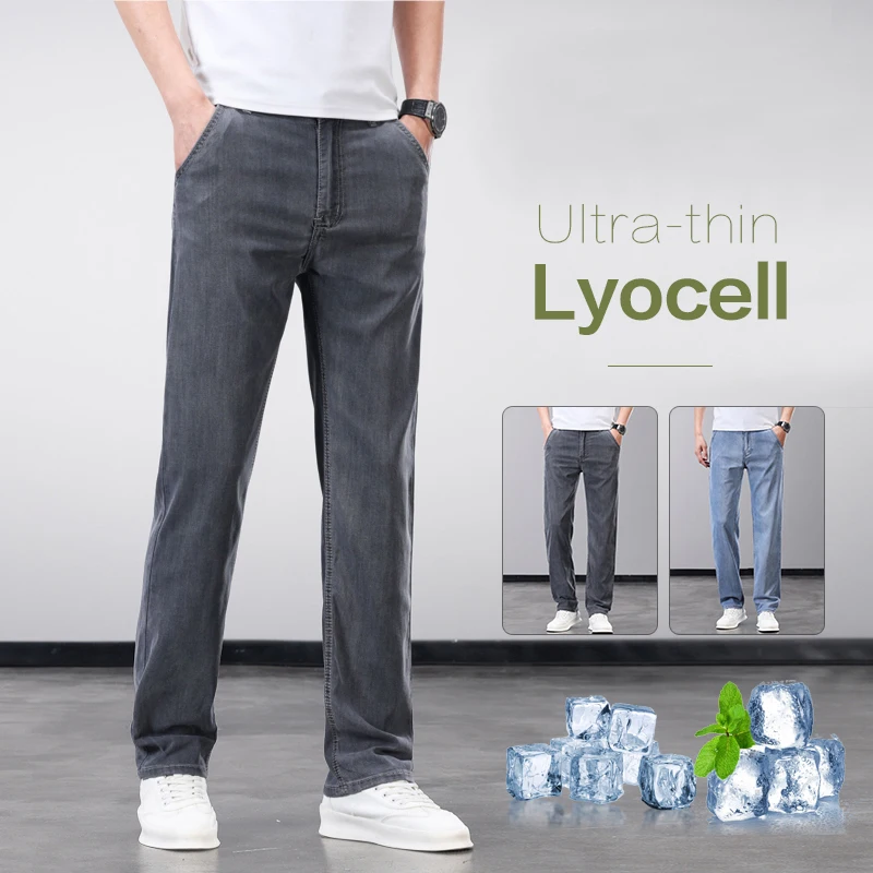 

Summer Thin Soft Breathable Lyocell Fabric Men's Jeans Business Straight Denim Pants Man Elastic Casual Trousers Grey Blue