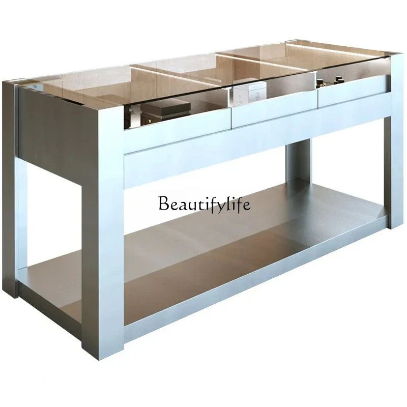 

Island Glass Jewelry Cabinet Stainless Steel Brushed Jewelry Display Showcase