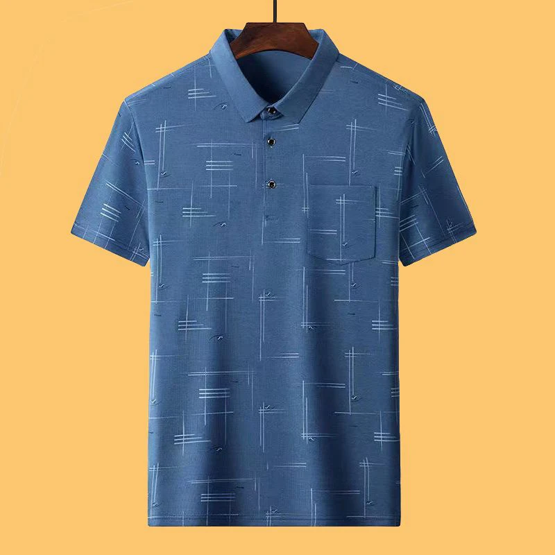 Polo con estampado de moda para hombre, camiseta informal de manga corta, holgada, de seda de hielo, con botón y bolsillo, cómoda y transpirable